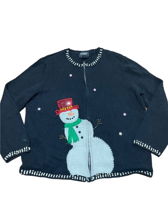 Design Originals Sweaters - Design Originals Joy Sequin Beaded Snowman Full Zip Black Sweater Cardigan XL